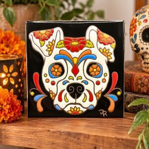 Handmade Ceramic Tile Sugar Skull Dog Wall Art Day of the Dead Folk Art